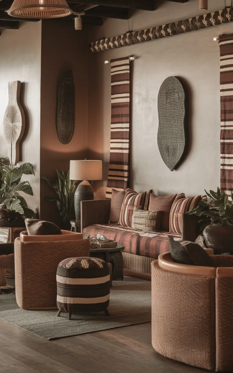 A cozy living area decorated in monochromatic tones with earthy browns and warm reds, featuring a striped sofa, patterned cushions, and plants.