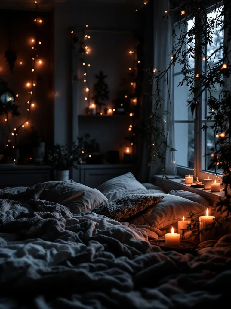 A dark boho bedroom with fairy lights and candles creating a cozy atmosphere