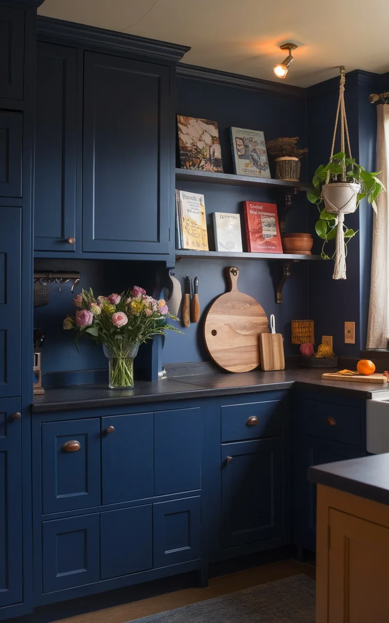 A cozy moody blue kitchen featuring navy cabinetry, open shelving with cookbooks, a vase of flowers, and warm lighting.