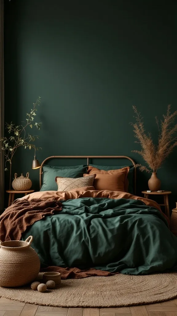 Dark boho bedroom with green walls, layered bedding, earthy accents, and plants.