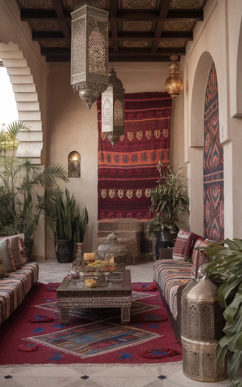 Cozy Moroccan-inspired interior with intricate lanterns, rich textiles, and lush plants.