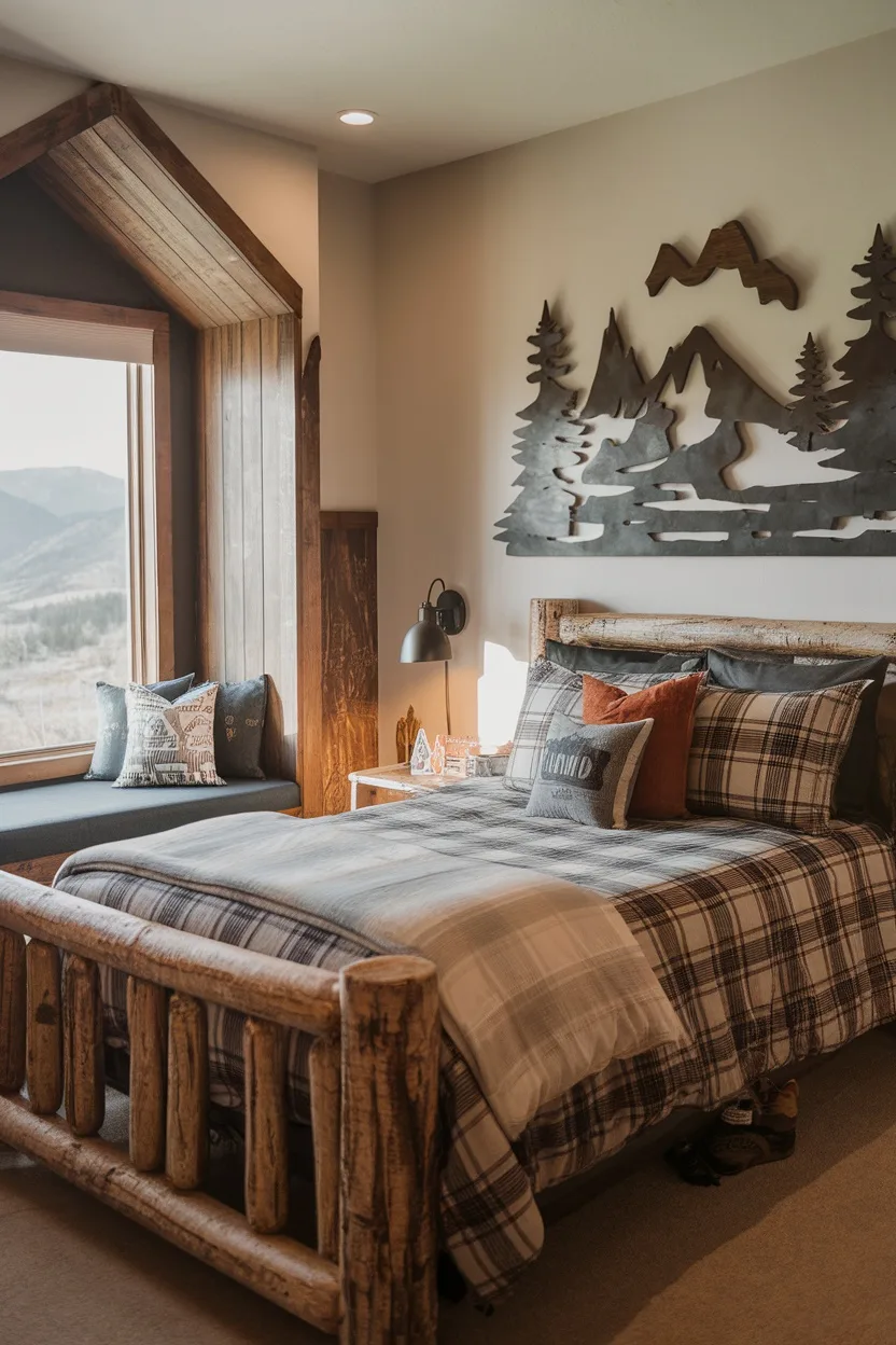 A cozy bedroom with mountain-themed decor featuring a wooden bed, plaid bedding, metal wall art, and a reading nook by the window.