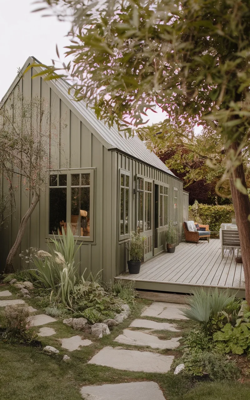 A home with muted olive exterior surrounded by greenery and a wooden deck.