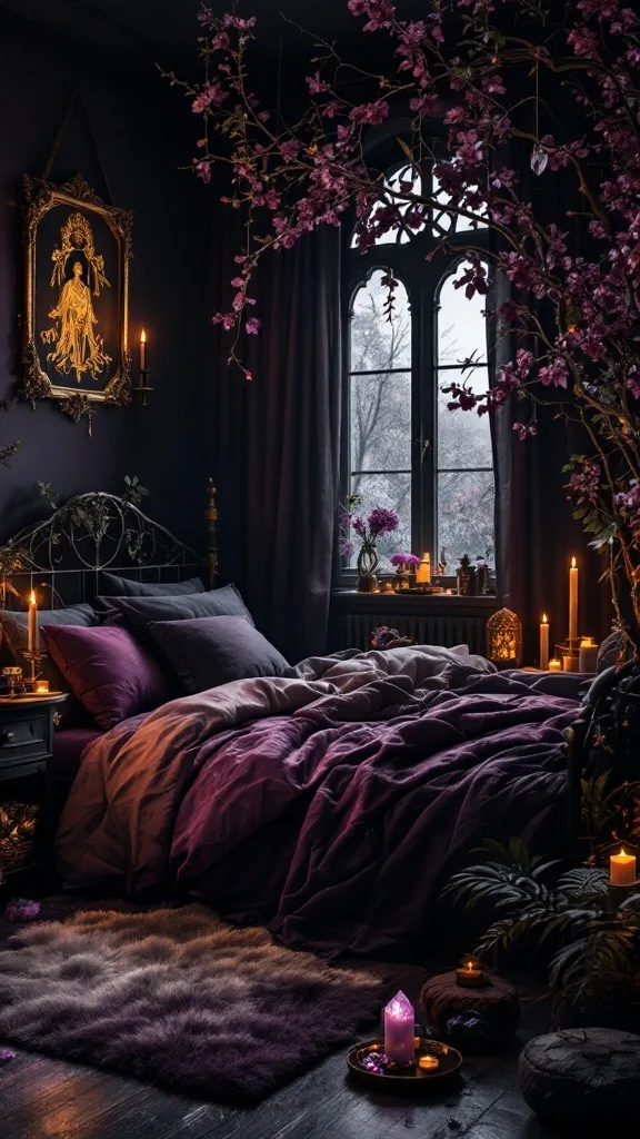 A cozy witchy bedroom featuring deep purple bedding, candles, and dark decor.