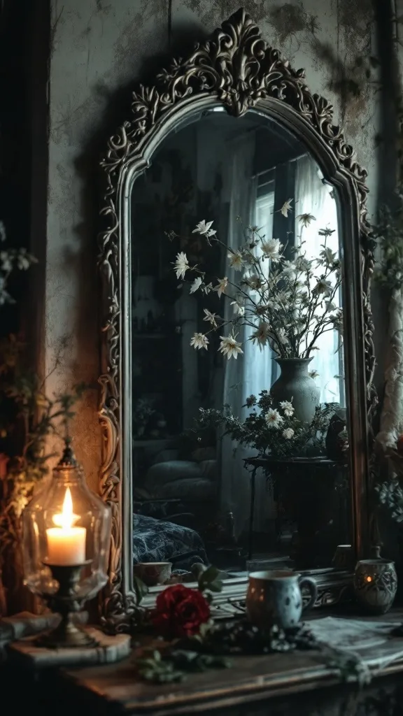 An ornate mirror reflecting flowers and a candle in a cozy bedroom setting.