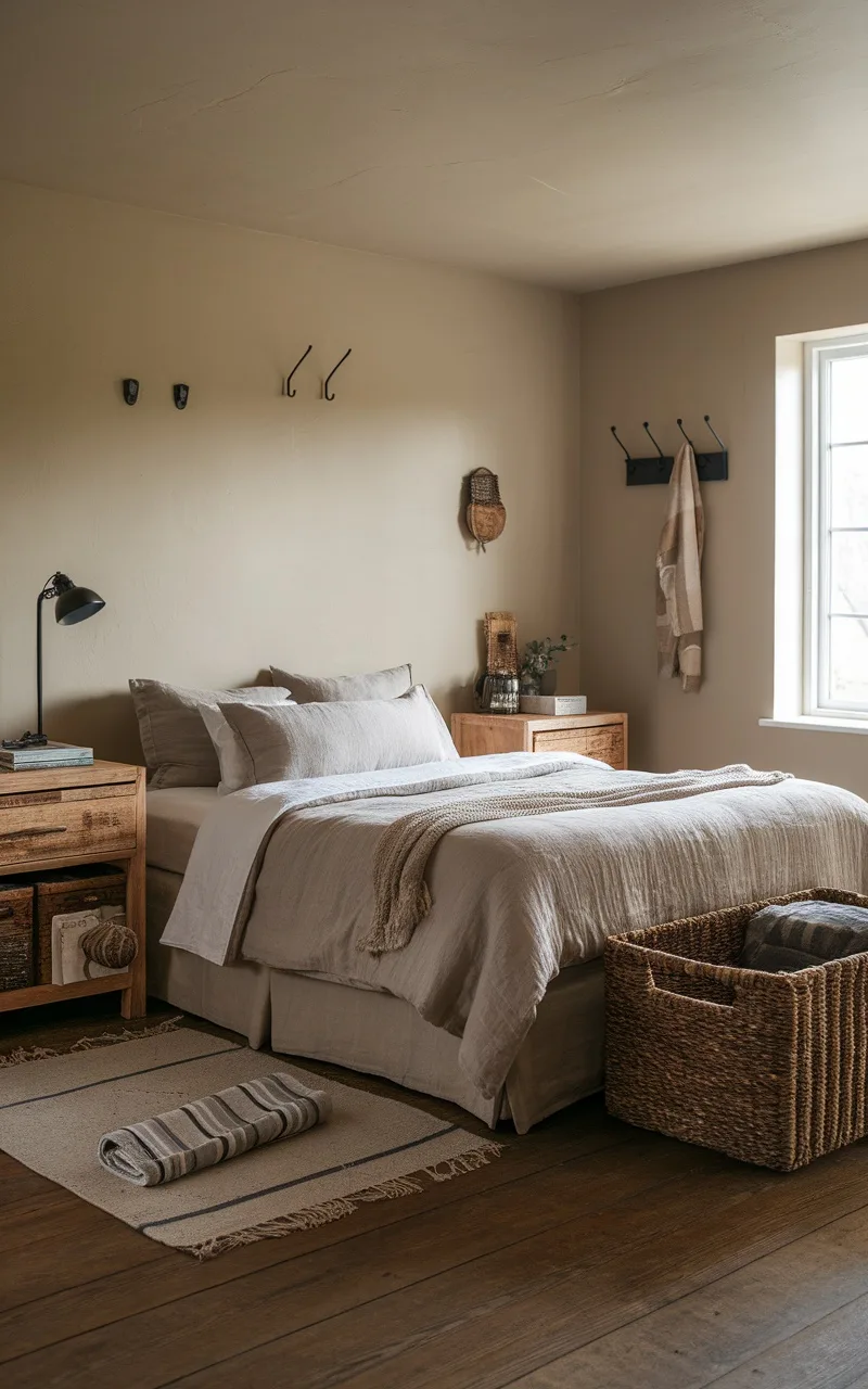 A rustic farmhouse bedroom with natural materials, featuring wooden furniture and soft linen bedding.