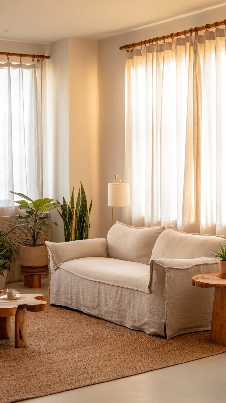 A minimalist living room featuring a linen sofa, wooden tables, and plants, with natural light filtering through sheer curtains.