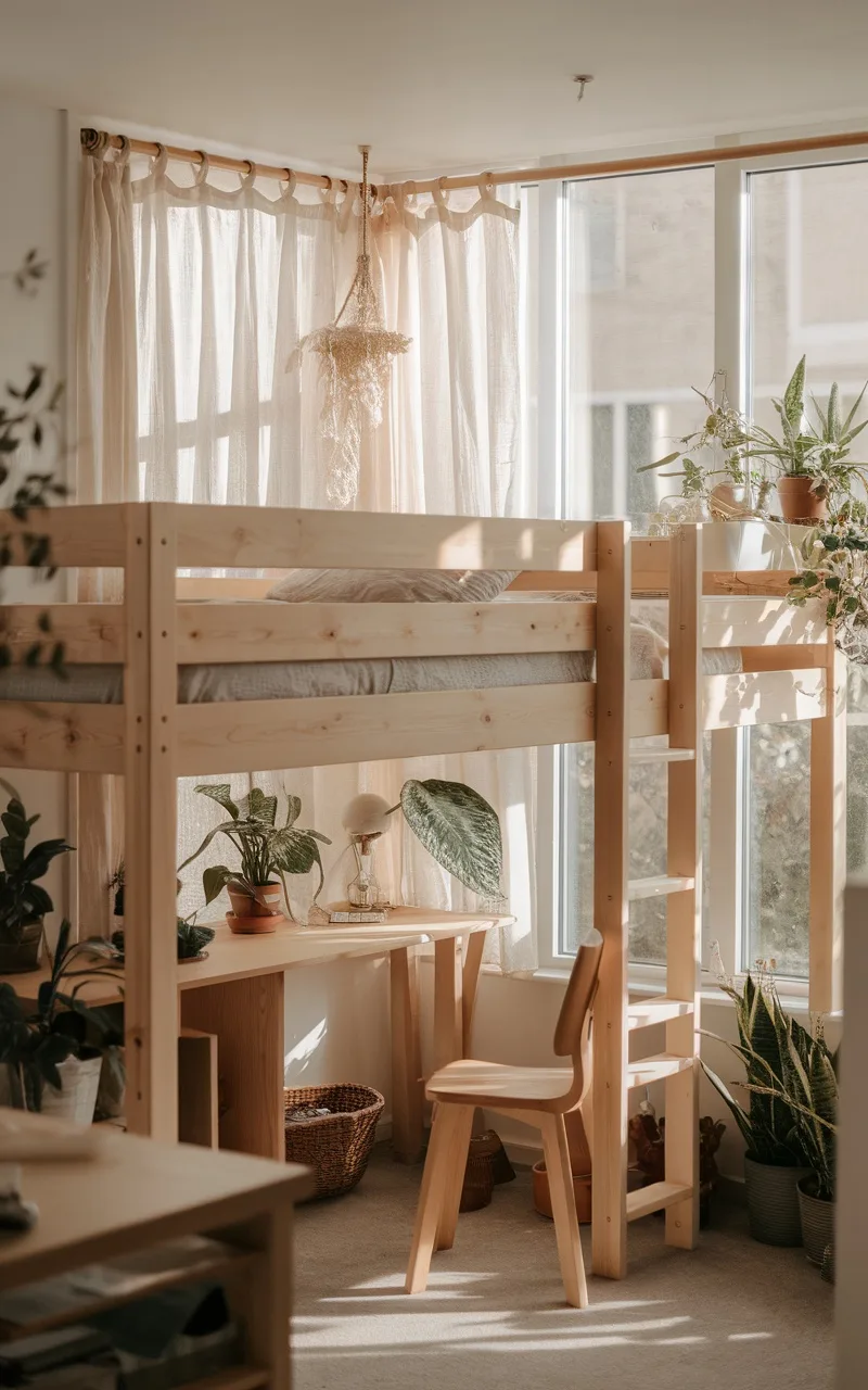 Natural wood loft bed beside a large window with a workspace underneath