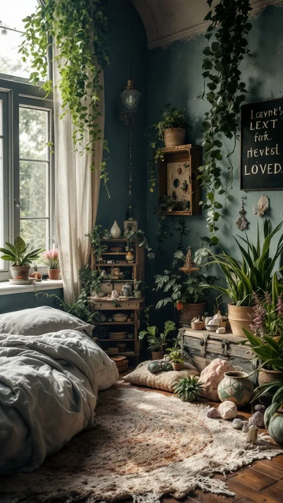 A cozy witchy bedroom with plants, a soft bed, and earthy decor.