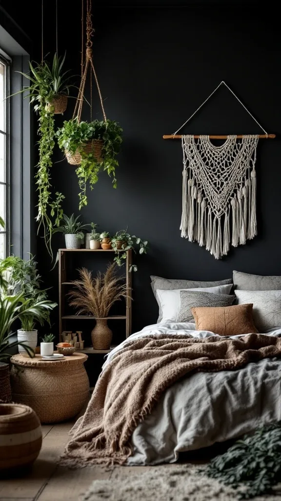 Dark boho bedroom with plants, macramé wall hanging, and cozy bedding