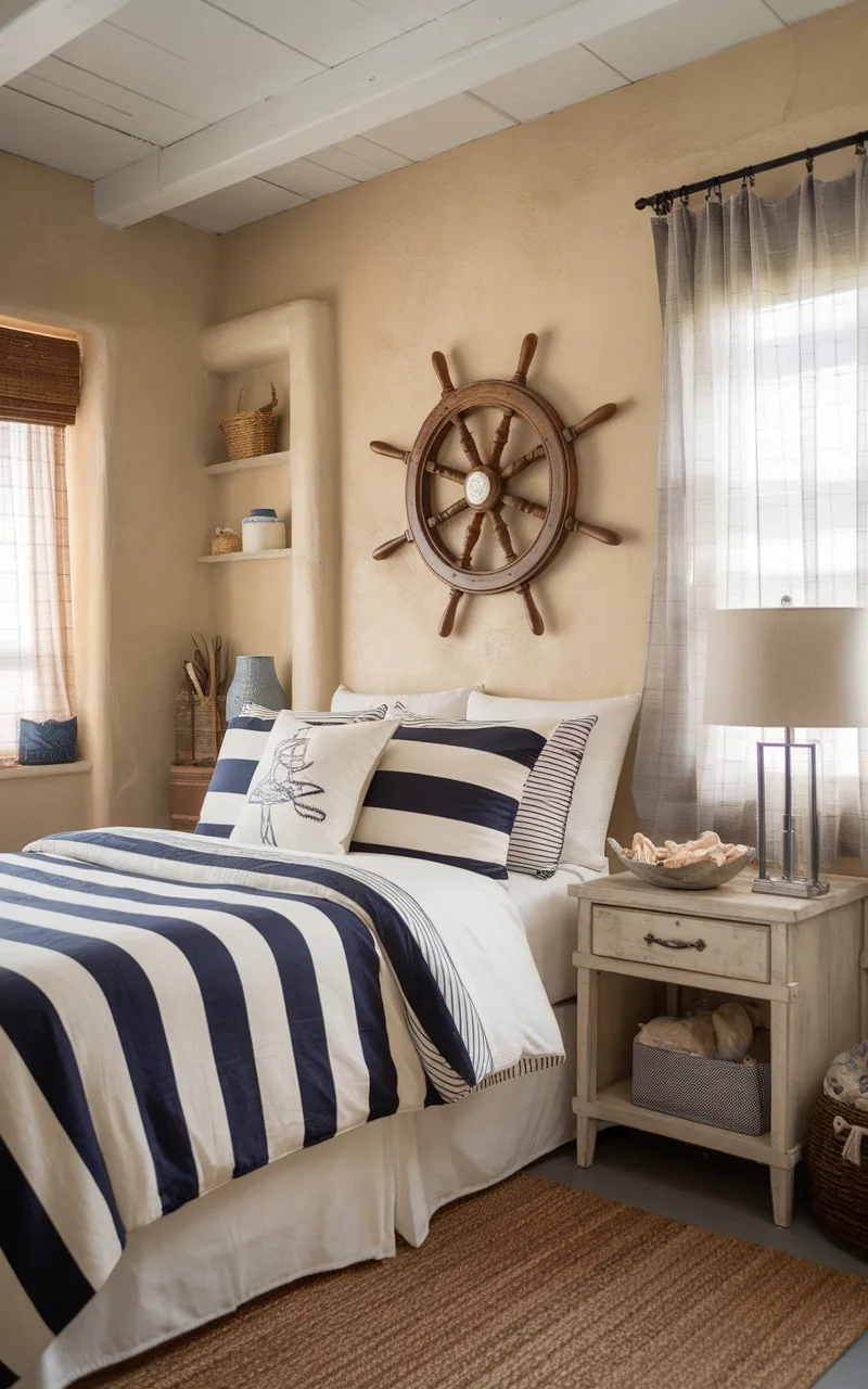 A rustic farmhouse bedroom featuring nautical touches, with navy and cream striped bedding, a ship's wheel on the wall, and natural materials.