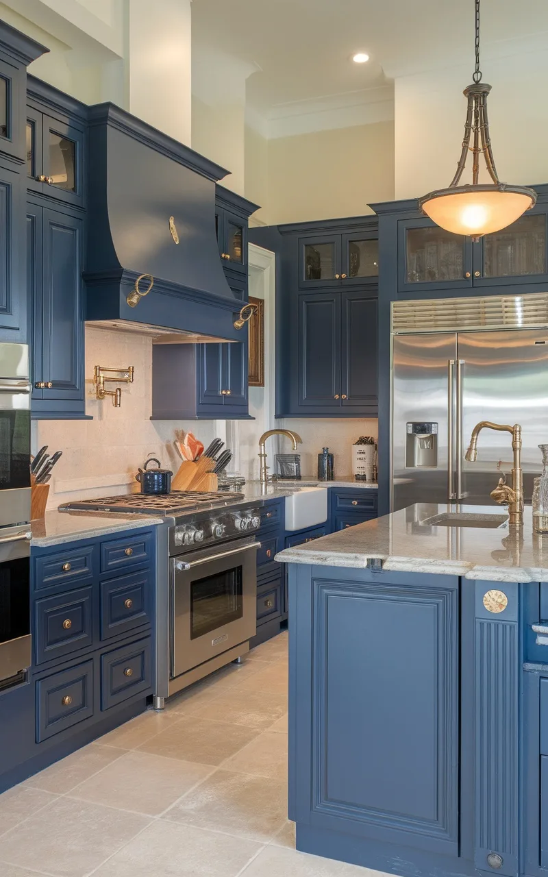 A kitchen featuring navy blue and charcoal cabinets with a modern design.