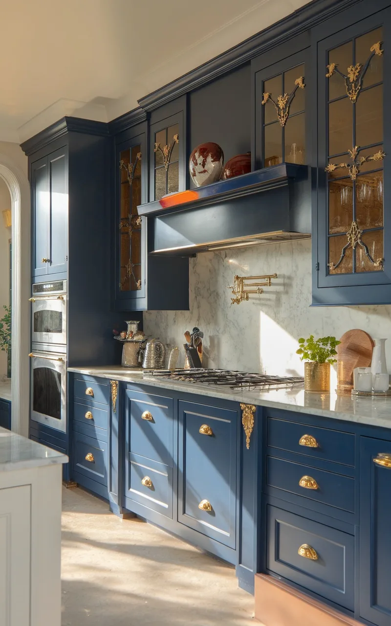 A luxurious navy blue kitchen with gold accents and marble countertops.