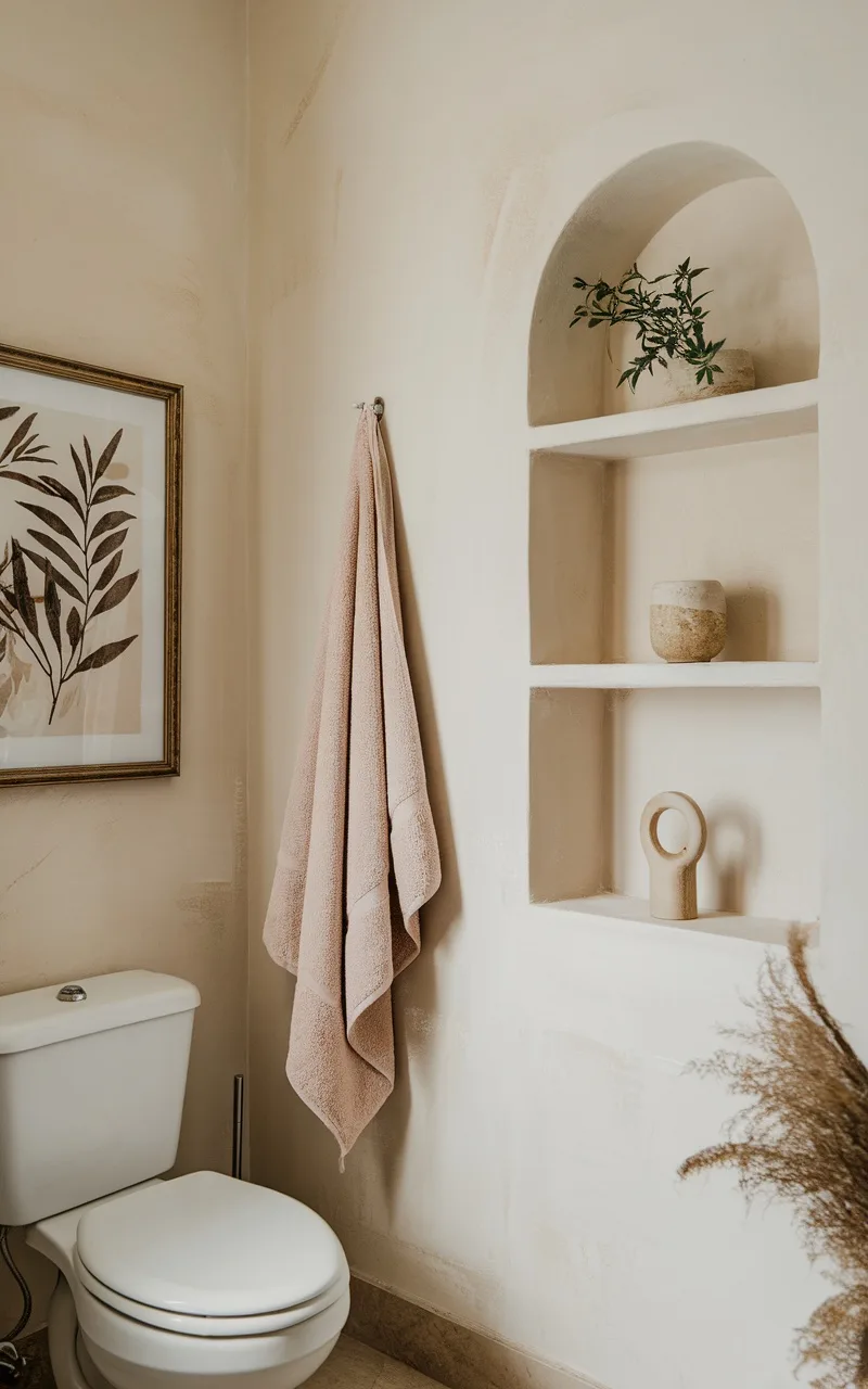A neutral-themed bathroom featuring soft beige walls, a framed leaf print, a pink towel, and decorative items on a shelf.