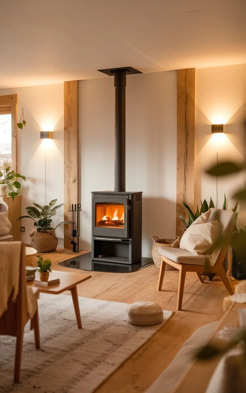 Modern Nordic wood stove in a cozy living room with wooden accents and plants.