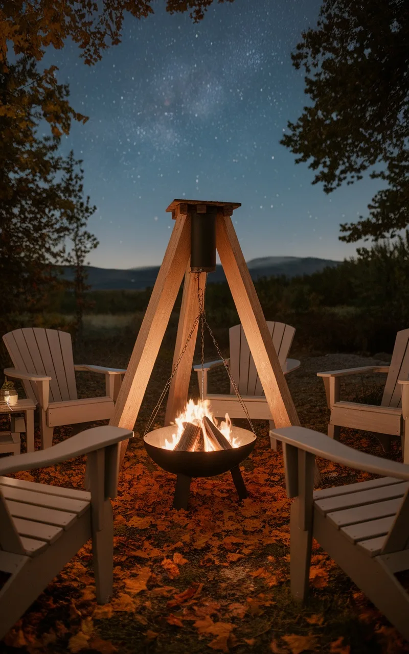 An outdoor fire pit stove surrounded by wooden chairs under a starry night.