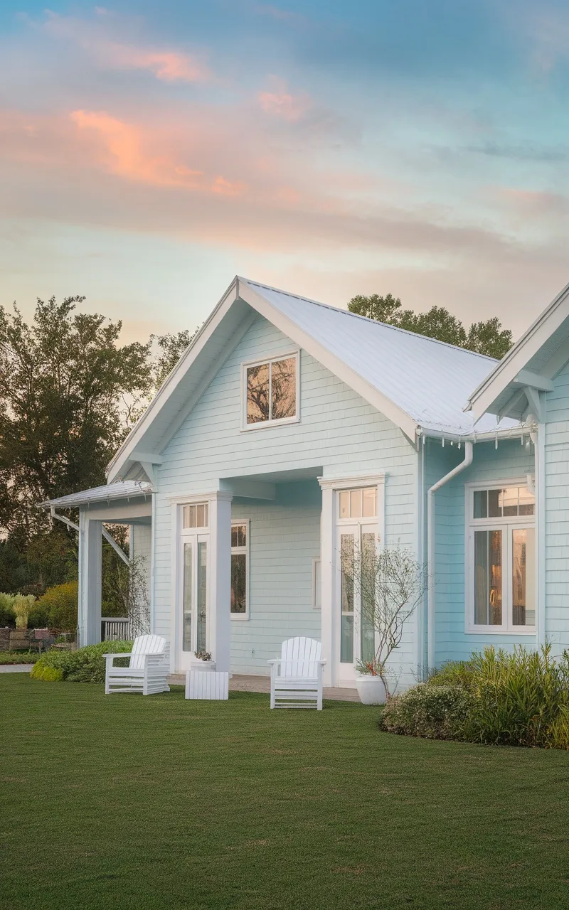 A pale blue house with white trim and a well-kept lawn, under a colorful sky.