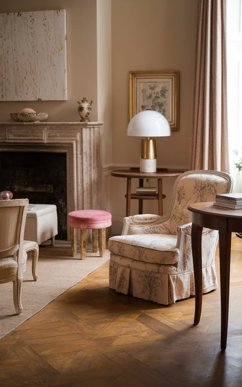 Cozy French country living room with parquet flooring, vintage armchair, and warm decor