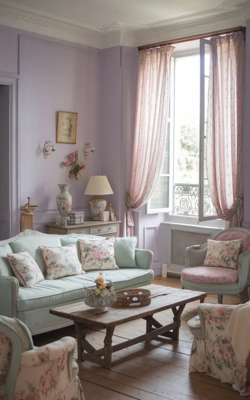 A pastel colored French country living room with lavender walls, mint green sofa, floral cushions, and wooden coffee table.