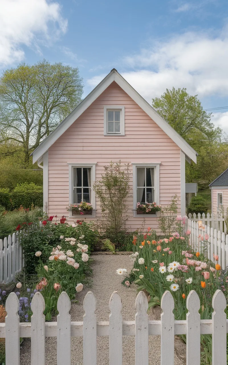 A pastel pink house with white windows, surrounded by a flower garden and a white picket fence.