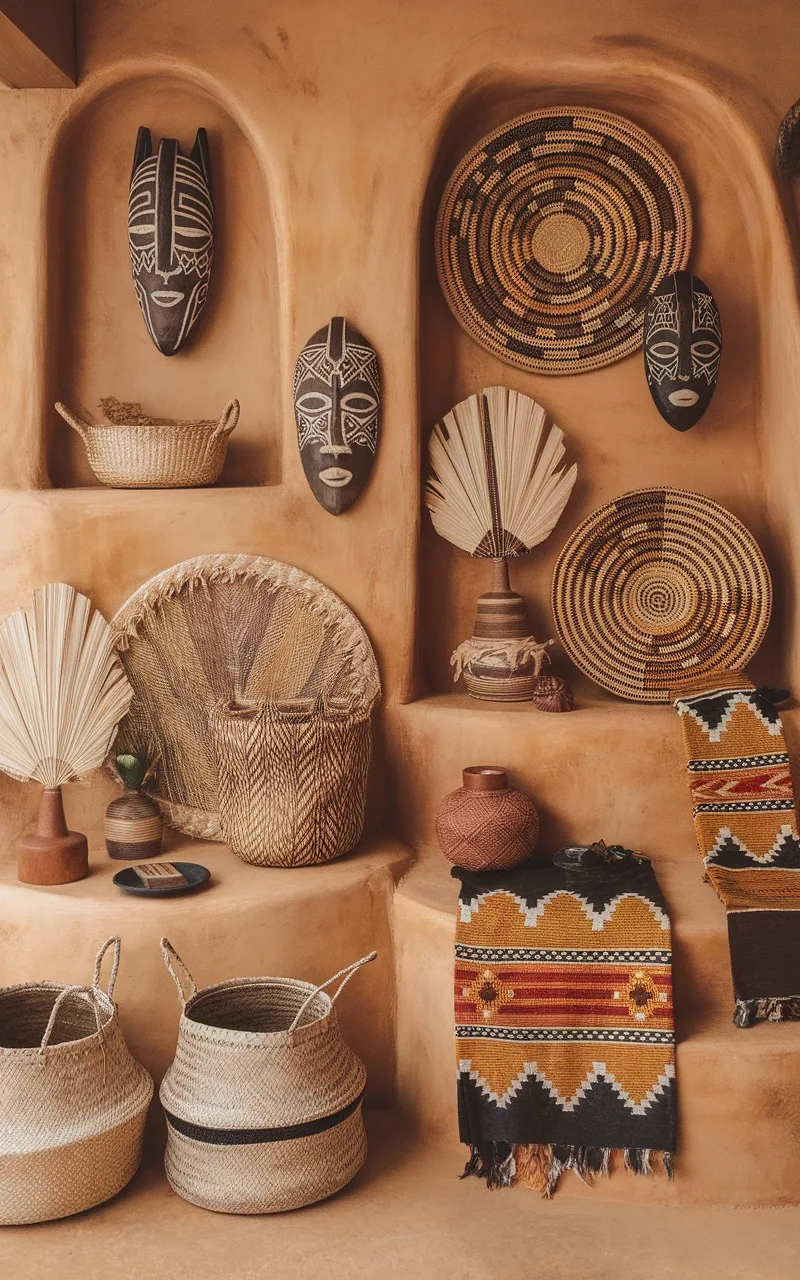 An arrangement of African-inspired decor including masks, woven baskets, and textiles.