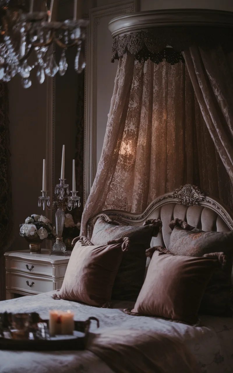 A dark romantic bedroom with soft lighting, plush pillows, and elegant decor.