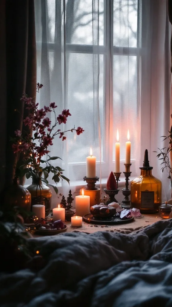 A cozy altar space with candles, crystals, and flowers near a window.