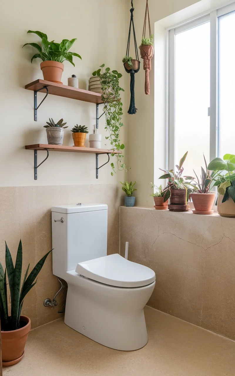 A bathroom with potted and hanging plants above the toilet, featuring wooden shelves with various plants and a bright window.