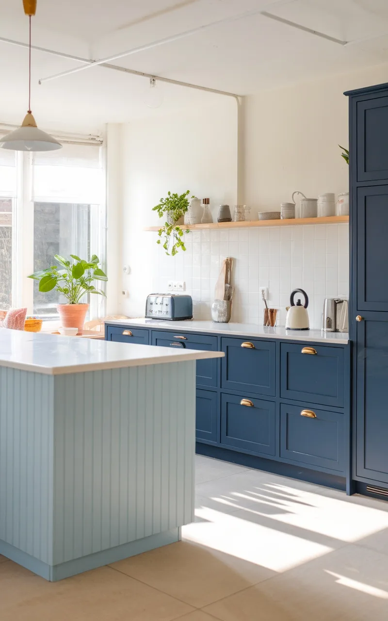 A kitchen featuring a powder blue island and navy blue cabinets, with natural light and plants.