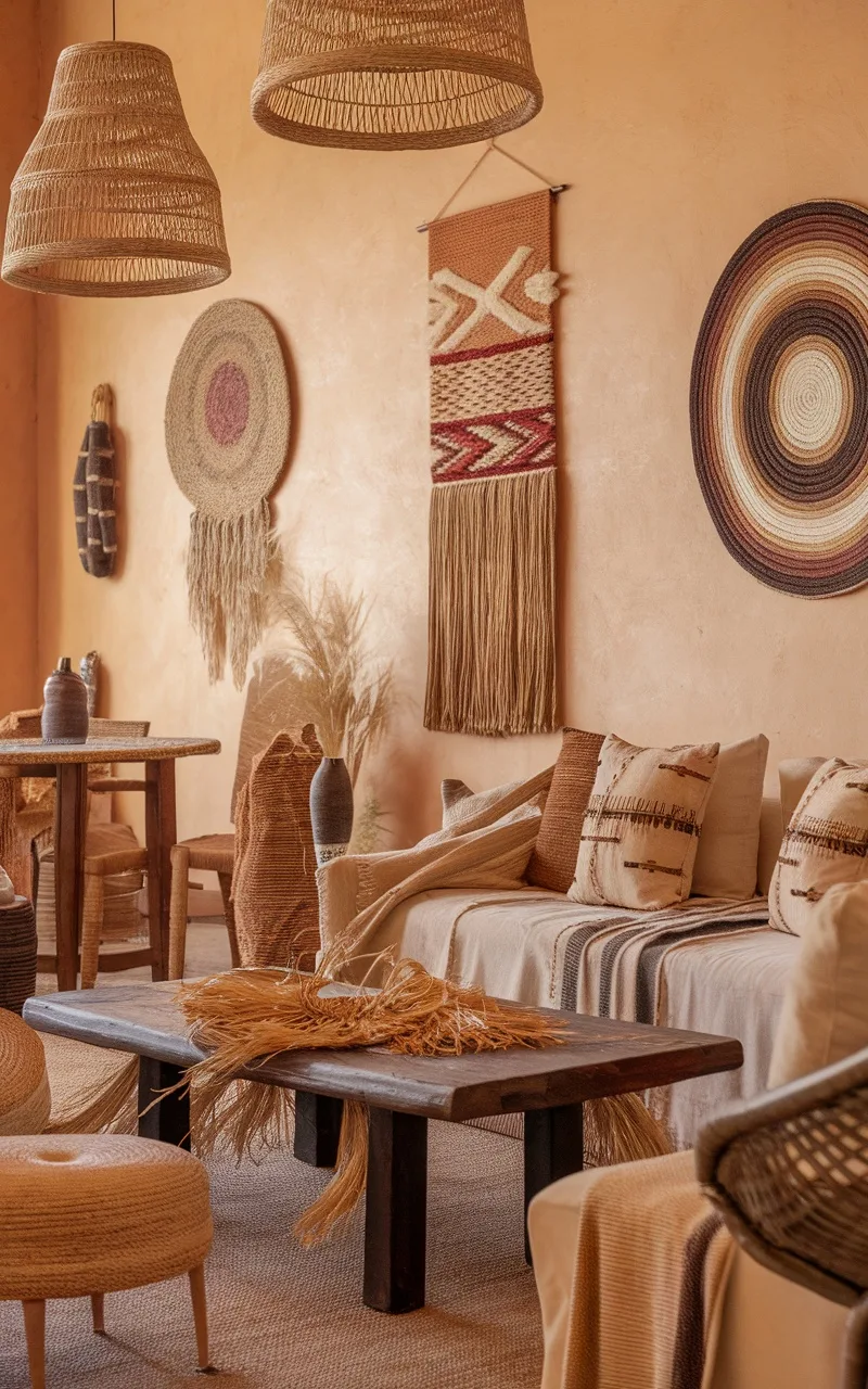 A cozy room with raffia and natural fiber accents, featuring woven baskets, light fixtures, and a wooden table.