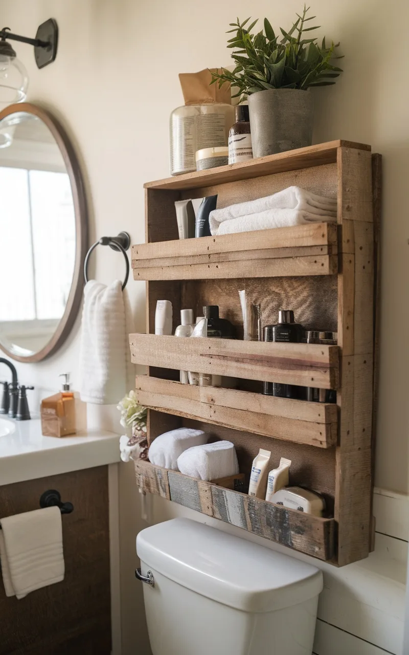 Reclaimed pallet wood organizer above a toilet with towels and toiletries