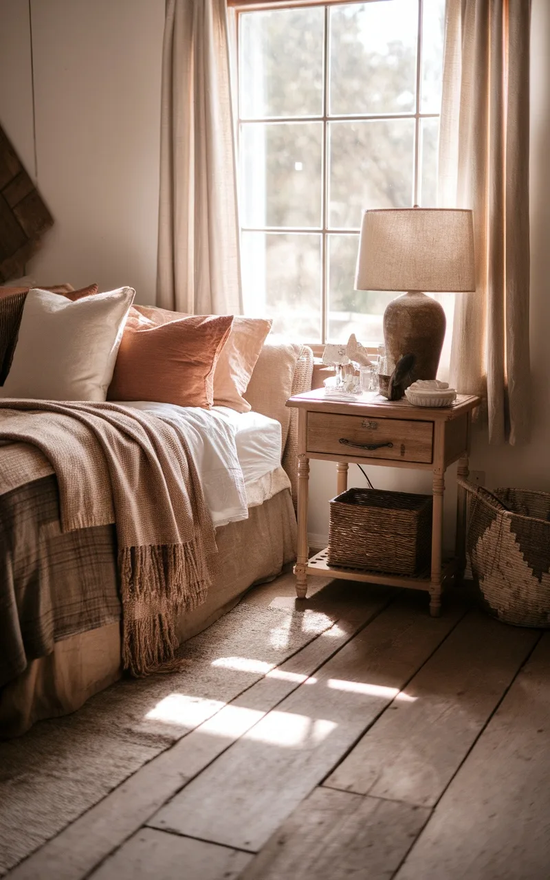 Cozy rustic farmhouse bedroom with reclaimed wood flooring, warm bedding, and natural light