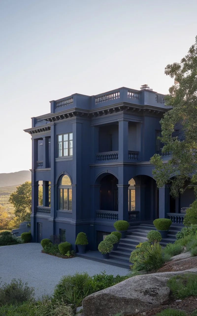 A large home painted in rich navy blue with elegant architectural details.