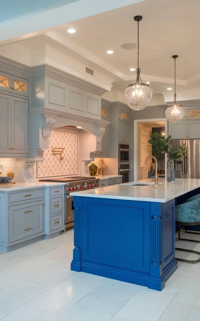 A kitchen featuring a royal blue island with grey cabinets, elegant lighting, and a marble countertop.