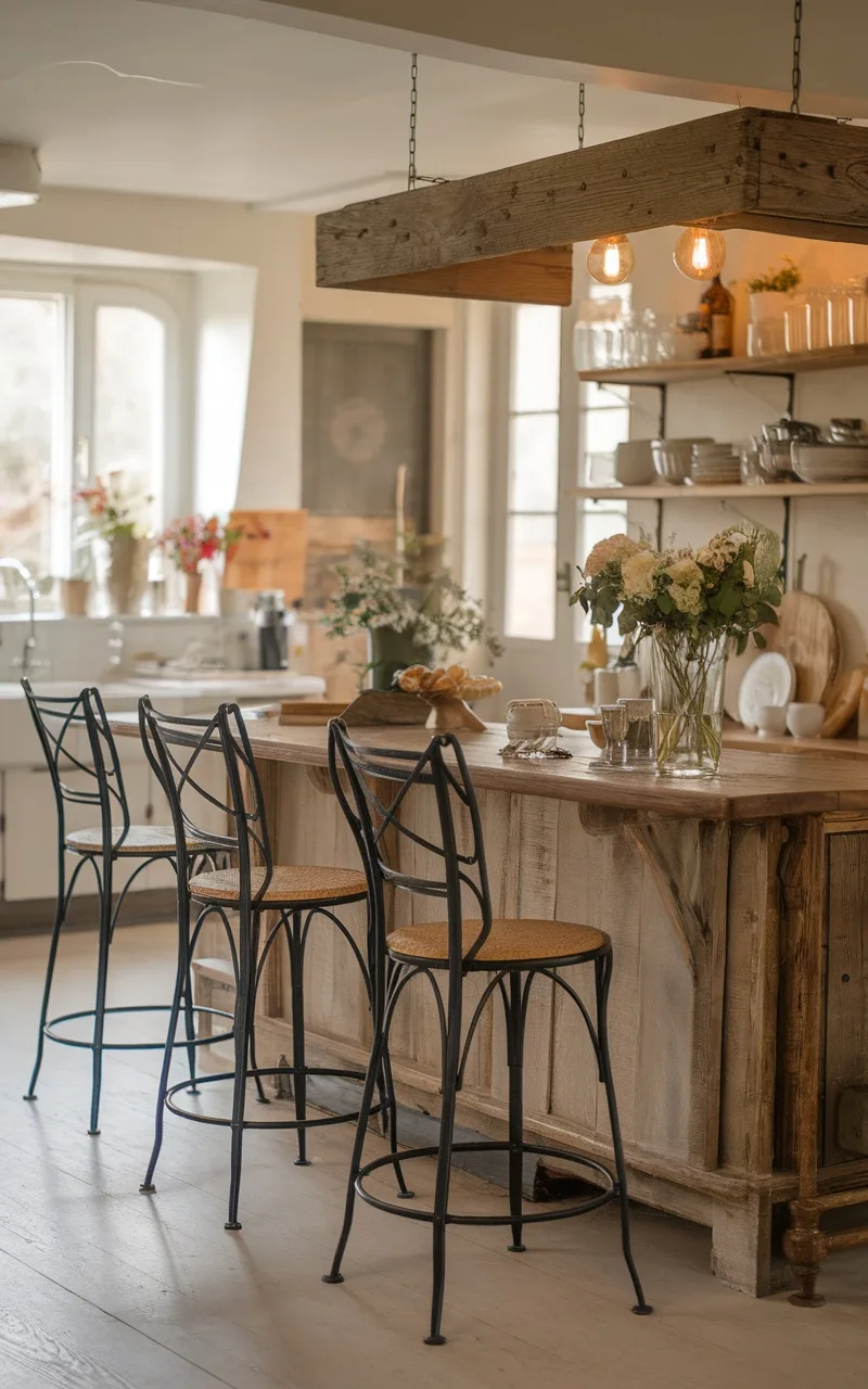Rustic bar stools with a natural wood bar in a cozy kitchen setting
