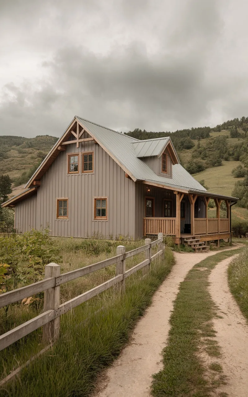 A rustic taupe house surrounded by greenery and mountains.