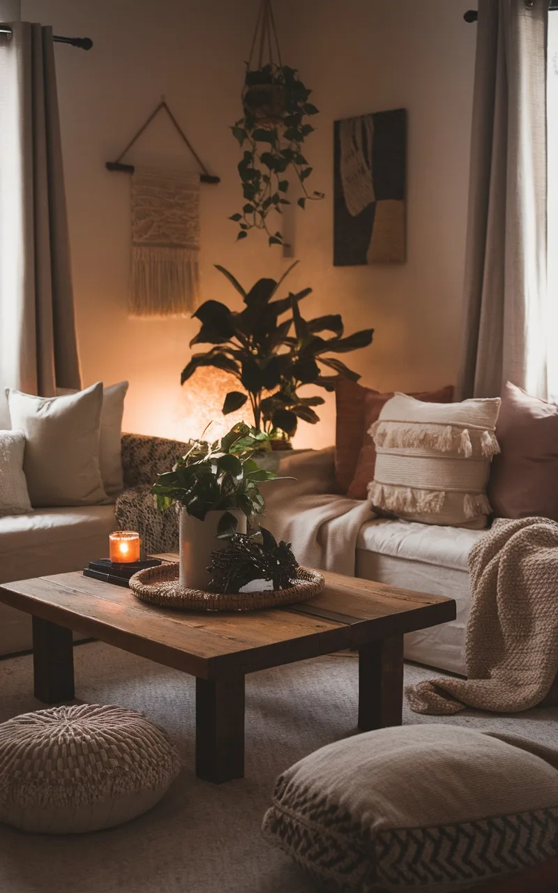 Cozy dark boho living room with a rustic wooden coffee table, decorative items, and soft furnishings.