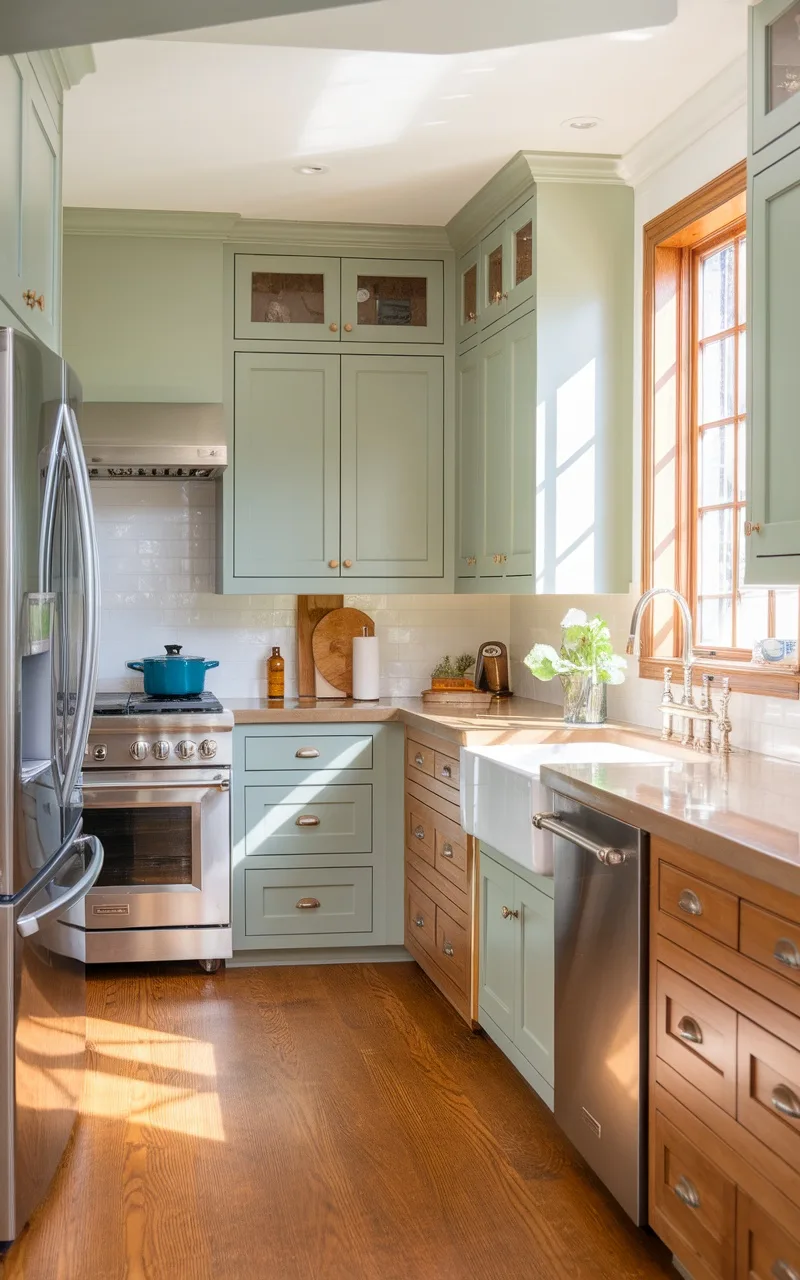 A kitchen featuring sage green cabinets and oak wood accents, showcasing natural light and a warm, inviting atmosphere.