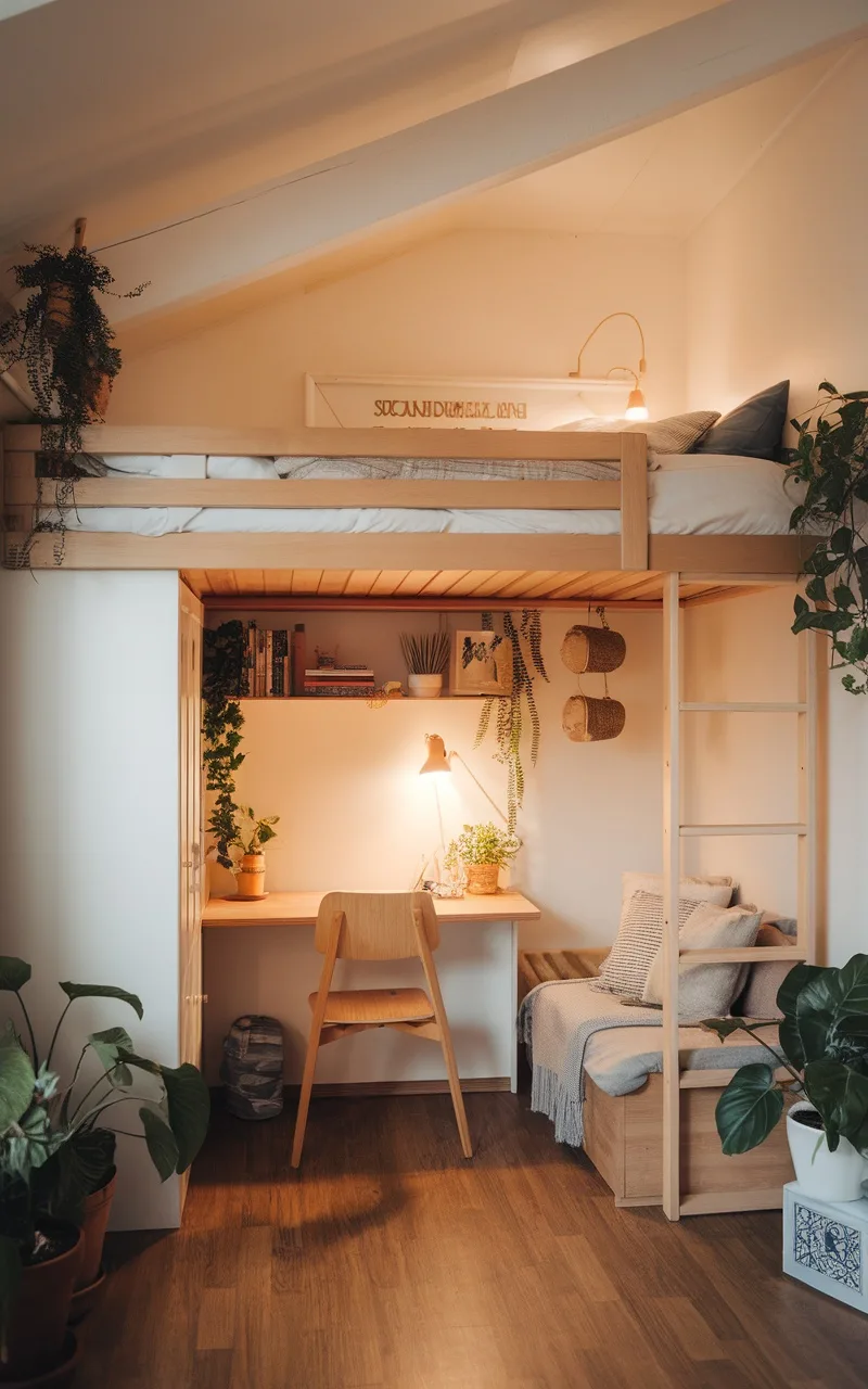 A Scandinavian-inspired loft bed with a cozy workspace underneath, featuring plants, a desk, and warm wooden elements.