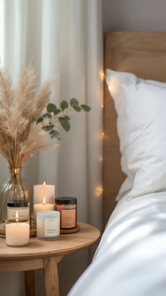 A cozy bedroom setup featuring scented candles on a wooden table, a vase with pampas grass, and a neatly made bed.