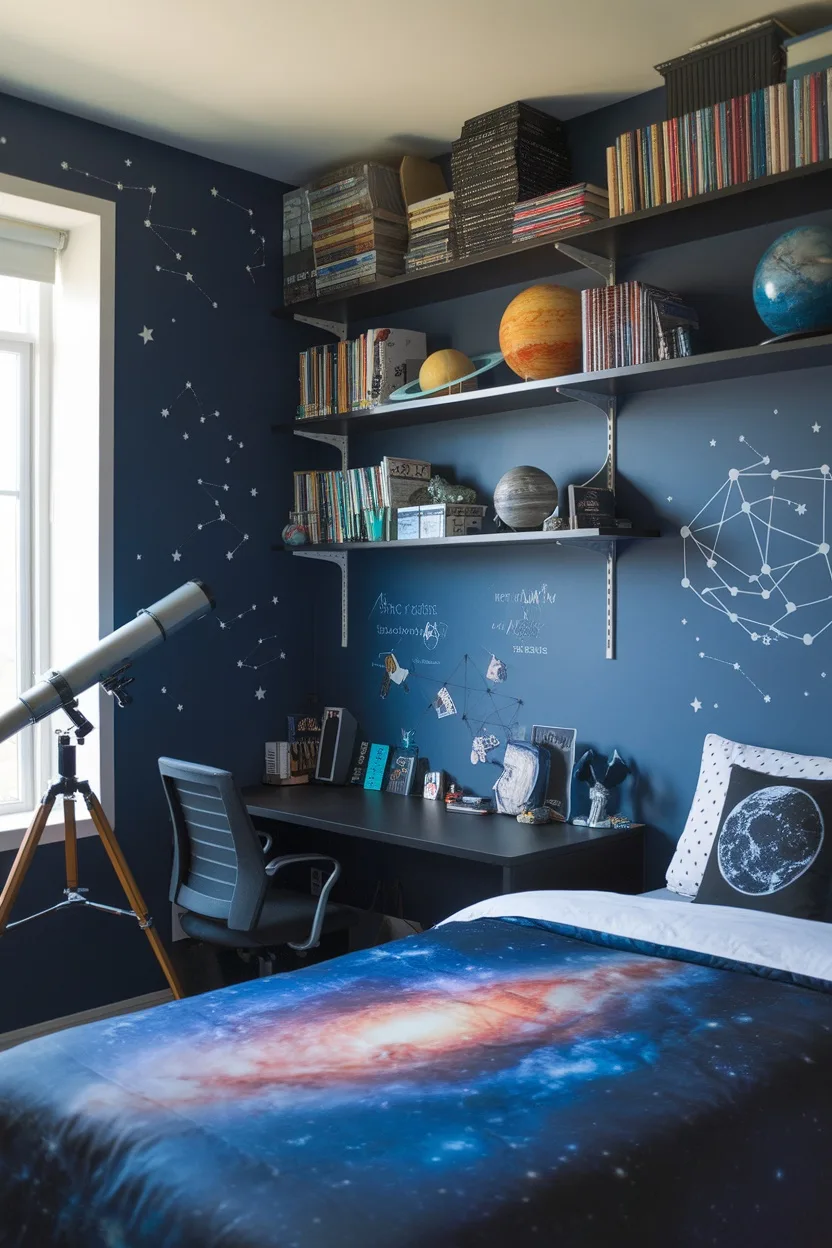 A teen boy's bedroom designed with a science and space theme, featuring a telescope, dark walls, star decals, and a galaxy print bedding.