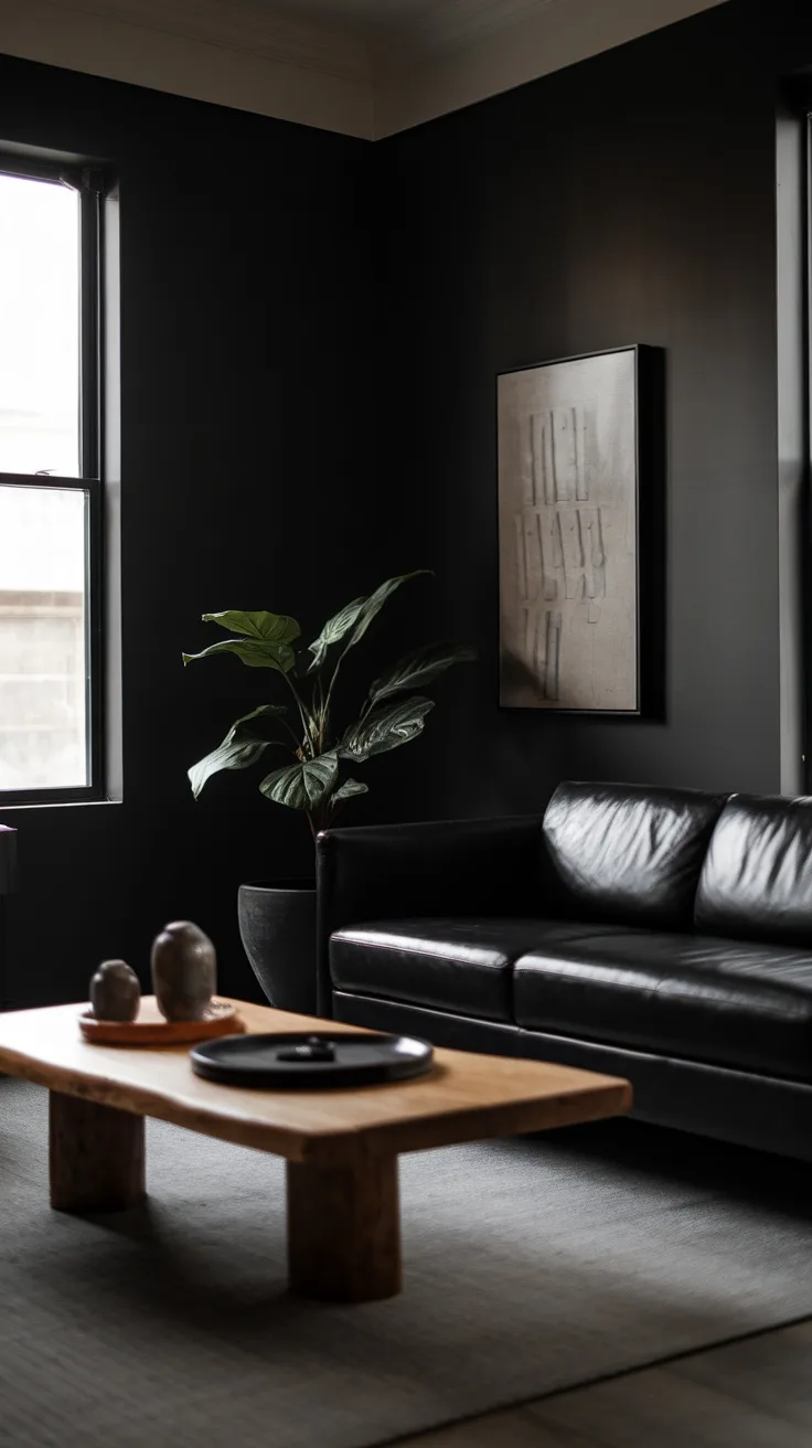 A minimalist living room featuring a black couch, wooden coffee table, and dark walls, with a plant in the corner.