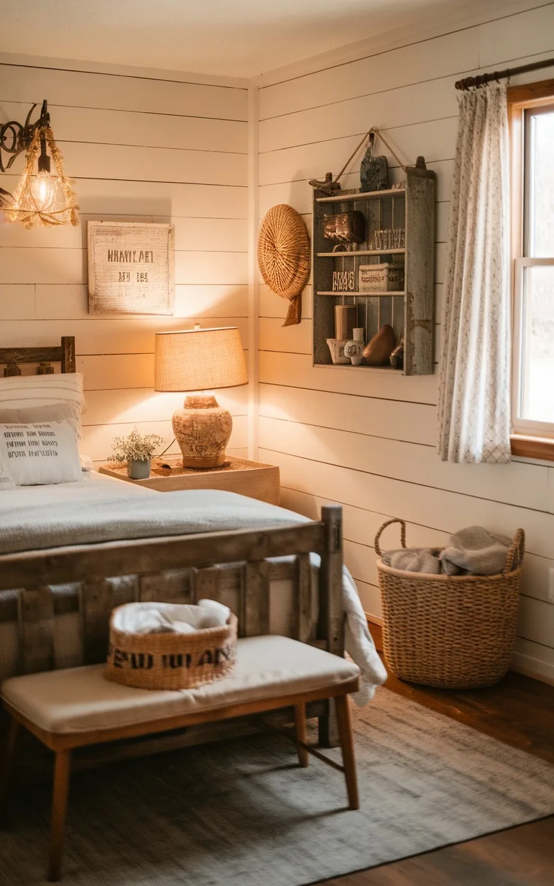 A cozy rustic farmhouse bedroom featuring shiplap walls, a wooden bed, and warm lighting.