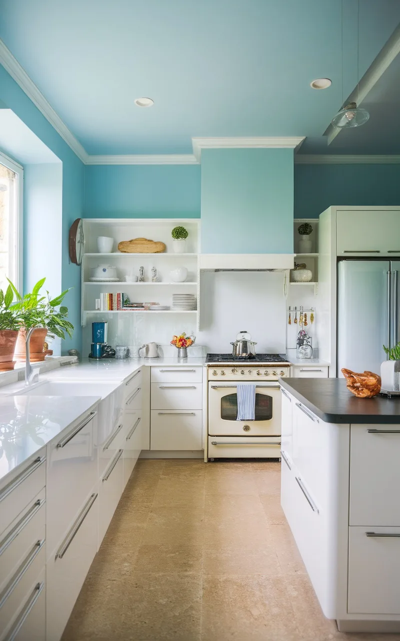 A kitchen featuring sky-blue walls and white cabinets, with potted plants and a stove.