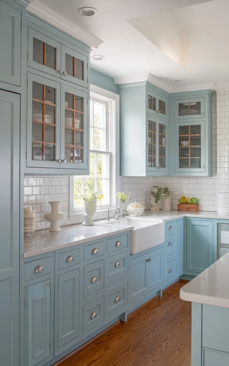 A kitchen featuring soft blue cabinets and driftwood accents, with large windows and a bright, airy feel.