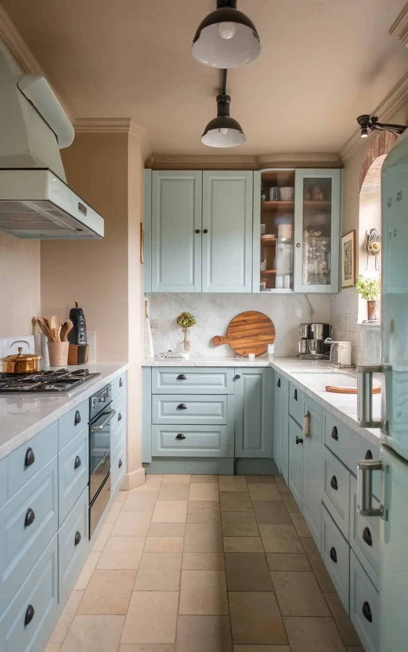 A soft blue kitchen featuring light blue cabinets, black accents, and marble countertops.