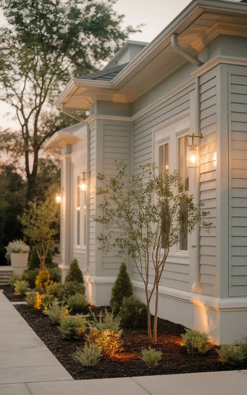 A soft gray home exterior with well-maintained landscaping and warm outdoor lighting.