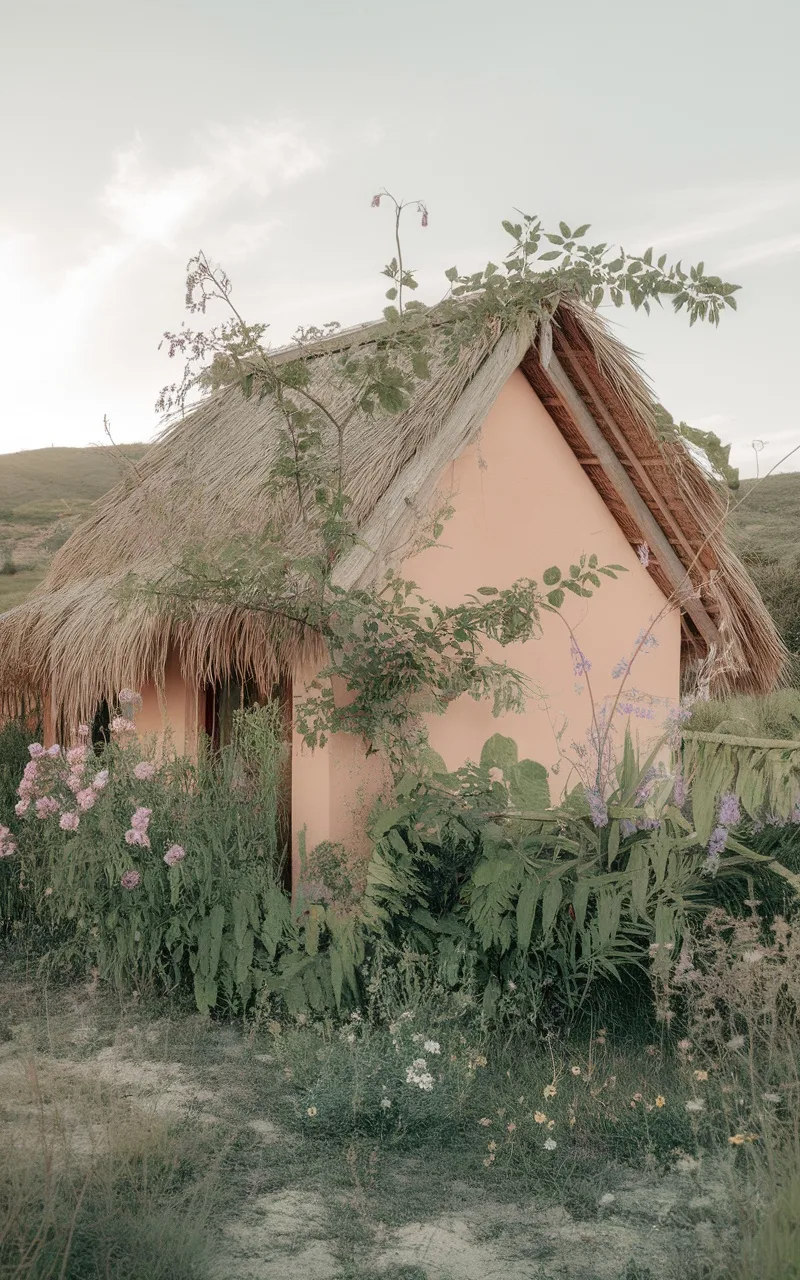 A small house with a thatched roof painted in soft peach, surrounded by blooming flowers and greenery.