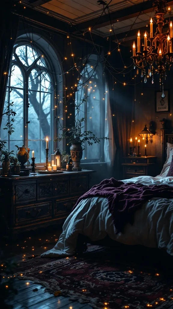 A cozy witchy bedroom featuring a chandelier, fairy lights, candles, and a warm color palette.