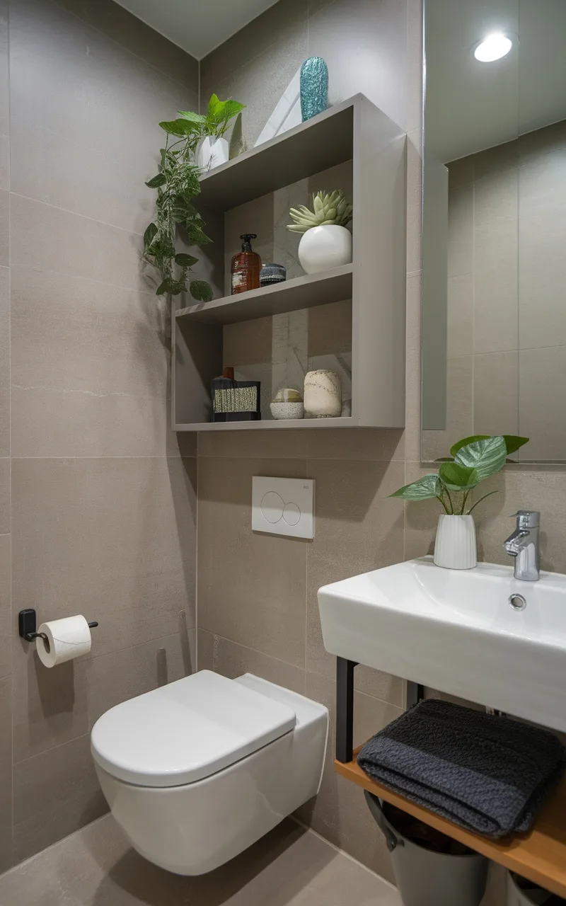 A bathroom with square hanging shelves above the toilet, featuring plants and decor items.